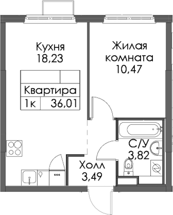 1-комнатная квартира 36.01 м², 5/12 эт., ЖК «Таллинский парк»